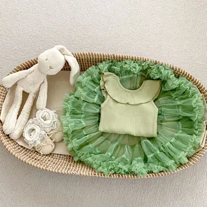 Detail of mint green ribbed ruffle top and multi-layer tutu skirt for toddler girls