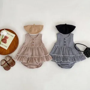 Baby Girls Gingham Plaid Sleeveless Ruffle Top And Bloomers Shorts Cotton Summer Outfits Infants Toddlers Clothing
