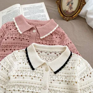 Detailed view of hollow knit patterns and delicate wavy lapels on toddler girl cardigans