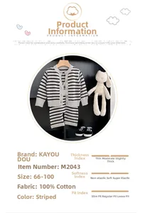 Detail of 100% cotton striped knit baby set showing soft texture and size chart