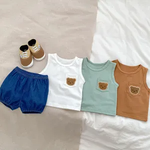 Infant Toddler Summer Sleeveless Cotton Vest Denim Shorts Set Cute Cartoon Bear Applique Embroidery Pocket Baby Clothing Outfit