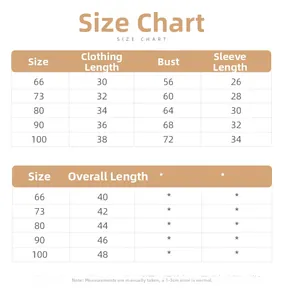 Detailed size guide for baby knit set showing measurements for cardigan and romper