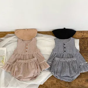 Baby girl plaid sleeveless top and bloomers set with matching beret in vintage style