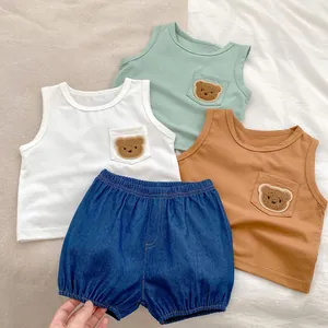 Baby cotton tank top set with cartoon bear pockets and denim shorts in three colors