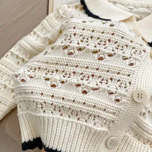 Detailed macro view of cream knitted cardigan showing intricate eyelet patterns and texture