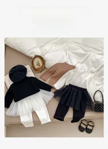 Detail of Class A pure cotton ribbed knit fabric and tulle skirt for baby girls' set