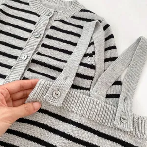 2-piece baby boy striped knit set with buttoned cardigan and matching suspender pants