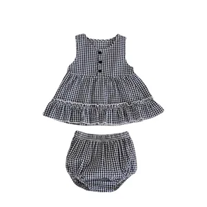 Baby girl summer black and white plaid sleeveless top and bloomers two-piece outfit set