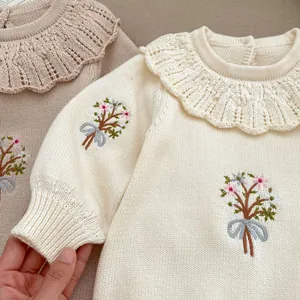 Detail of ruffled collar and delicate floral embroidery on knitted baby bodysuit