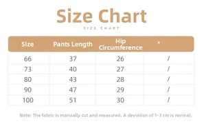 Size chart for baby bear thermal pants showing lengths and hip sizes for ages 0-3 years