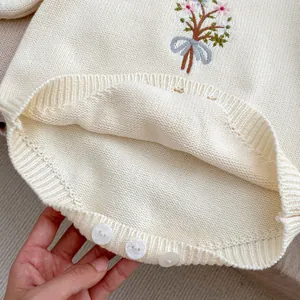 Close-up of knit fabric texture and bottom button closure on floral baby bodysuit