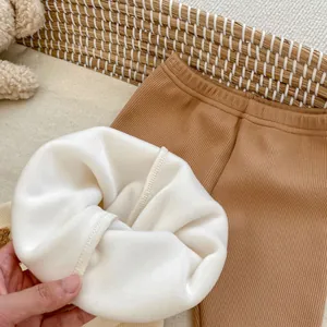 Infant thermal ribbed leggings with warm fleece lining and elastic waist in brown color