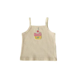 Cute beige ribbed knit camisole for girls featuring colorful cupcake embroidery detail