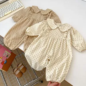 Baby polka dot corduroy rompers in cream and brown with Peter Pan collar and ruffles