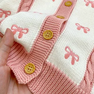 Close-up of pink and white striped knit cardigan with bow patterns and wooden buttons