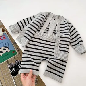 Infant boys knitted 2-piece set featuring grey and black striped cardigan and overall pants