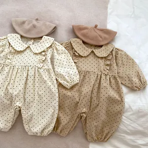 Baby polka dot corduroy rompers with ruffle collar and matching beret hats