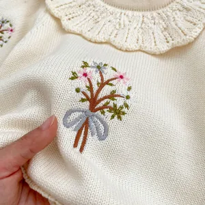 Baby white knit romper with ruffle lace collar and floral embroidery texture detail