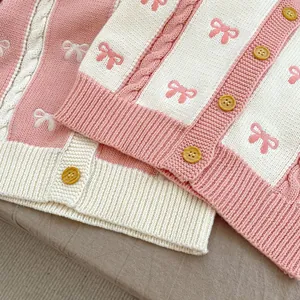 Detailed view of knitted cardigan fabric with cute bow patterns and yellow buttons