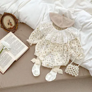 Sweet Baby Girl Floral Romper Long Sleeve Lace Collar Cotton Bodysuit Retro Floral Jumpsuit Infant Girls Clothing Outfits