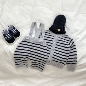 Baby Boy Cotton Knitted Outfit Striped Long Sleeve Cardigan And Suspender Pants Casual Infant Toddler Clothing Set