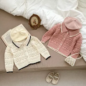 Lace-knit girls' cardigan sweater with turn-down collar and matching beret set