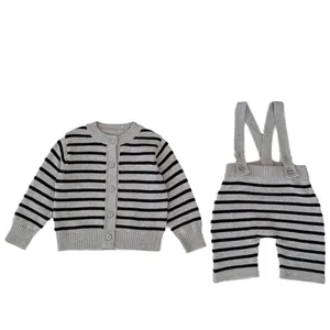 Baby boy knitted two-piece set featuring a grey and black striped cardigan and overall shorts