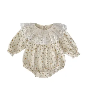 Floral baby romper with long sleeves and wide lace embroidery collar in cream cotton