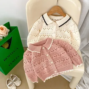 Toddler girl long sleeve knit cardigans with lace collar and hollow pattern