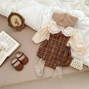 Ensemble d'Automne pour Bébé Fille avec Barboteuse Vintage à Carreaux et Chemise à Col Peter Pan en Dentelle Haut en Coton à Manches Longues et Combinaison