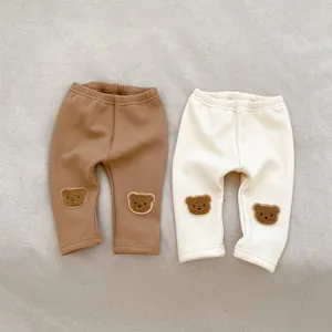 Infant Toddler Winter Fleece Lined Leggings Cute Bear Patch Elastic Ribbed Cotton Pants Warm Baby Trousers For 1-3 Years