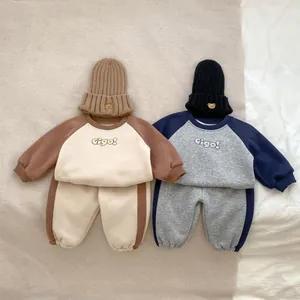 Baby Kids Winter Warm Fleece Lined Tracksuit Set Letter Print Raglan Sleeve Sweatshirt And Jogger Pants Casual Outfit