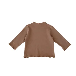 Brown long sleeve ribbed cotton top for toddler girls with sweet lettuce edge details