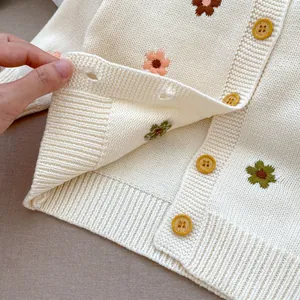 Gros plan du cardigan en tricot avec broderie florale et boutons jaunes sur tissu crème