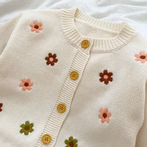 Détail du cardigan en tricot crème avec broderies de fleurs colorées et boutons jaunes