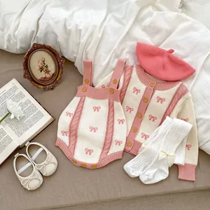 Baby girl pink knit cardigan set with bow pattern, romper, hat and shoes five-piece outfit