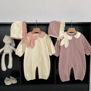 Baby cotton romper set with rabbit ear collar and matching ruffled hat for spring autumn