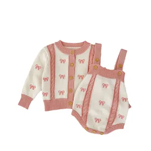 Baby girl knit two-piece set with long sleeve cardigan and bow romper in cream