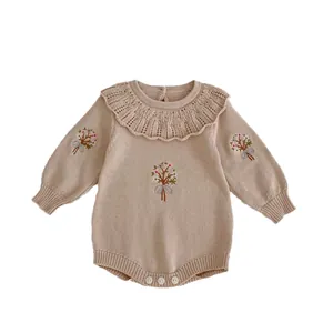 Infant knit long-sleeve romper with ruffled lace collar and colorful floral embroidery