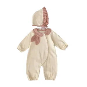 Infant ribbed cotton long sleeve jumpsuit with pink lapel and matching ruffle hat set