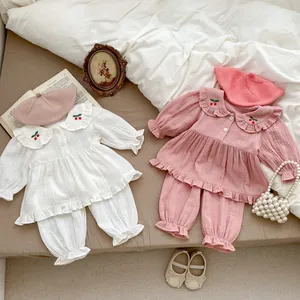 Ensemble de Vêtements d'Intérieur en Coton pour Bébé Fille Manches Longues Broderie Cerise Col Volanté Haut Et Pantalon Deux Pièces