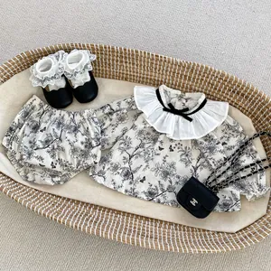 Floral baby girl long sleeve top and bloomers set with lace socks and black shoes