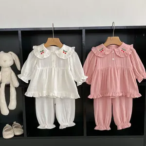 Ensembles de pyjama en mousseline de coton pour bébé fille avec broderie cerise