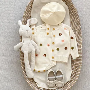 Tenue en Maille pour Bébé Fille Broderie Florale Coton Cardigan ou Barboteuse Respirant Doux Vêtements Automne Printemps