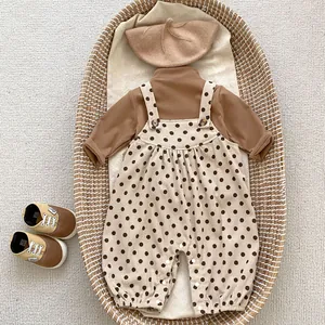 Baby autumn outfit set with brown bodysuit, polka dot overalls and matching knit beret