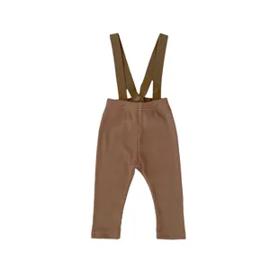 Brown ribbed knit baby overalls and long sleeve set for casual autumn and winter wear