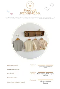 Detail view of cotton floral and striped baby tops with size and fabric specifications
