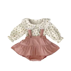 Baby girl floral shirt and pink overall shorts two-piece outfit for spring and autumn