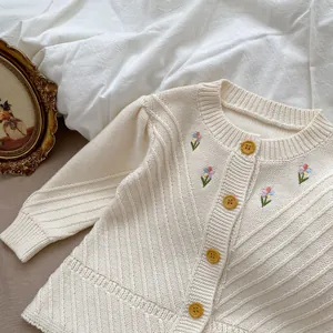 Details zu Stickereien und Zopfstrickmuster an cremefarbenem Baby-Strickjacke