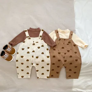 Baby Kleinkind Süßes Cartoon Bär Latzhose Set Baumwolle Langarm Stehkragen Oberteil Und Trägerhose Kleidung Outfit